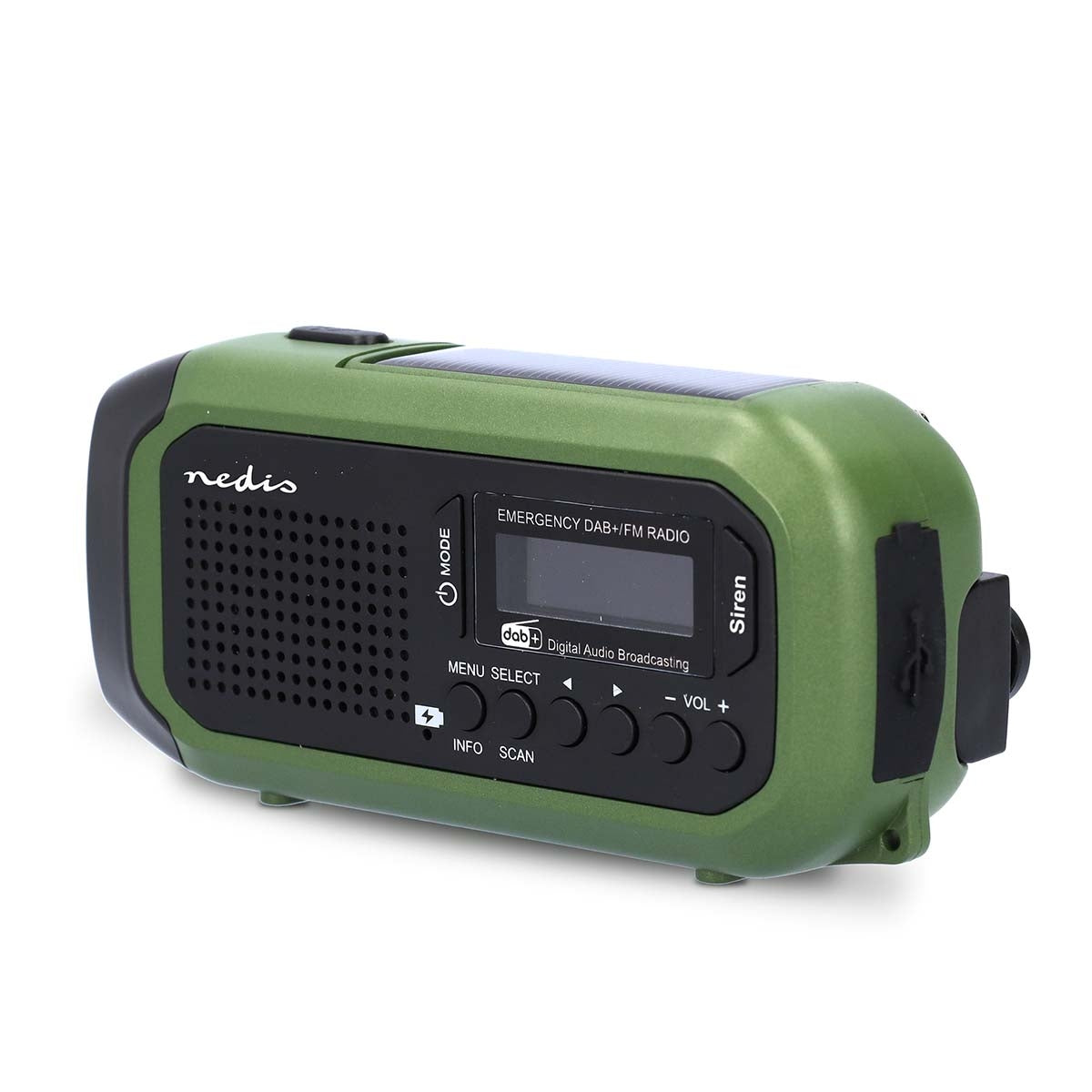 Emergency radio | Portable design | DAB+ / FM | Battery Powered / Hand Crank / Solar Powered / USB Power | Alarm clock | Green / Black