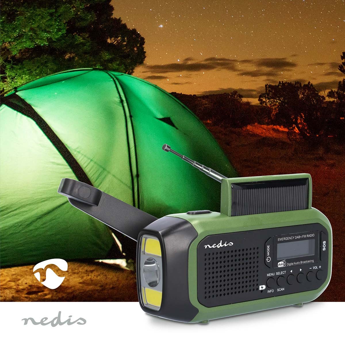 Emergency radio | Portable design | DAB+ / FM | Battery Powered / Hand Crank / Solar Powered / USB Power | Alarm clock | Green / Black