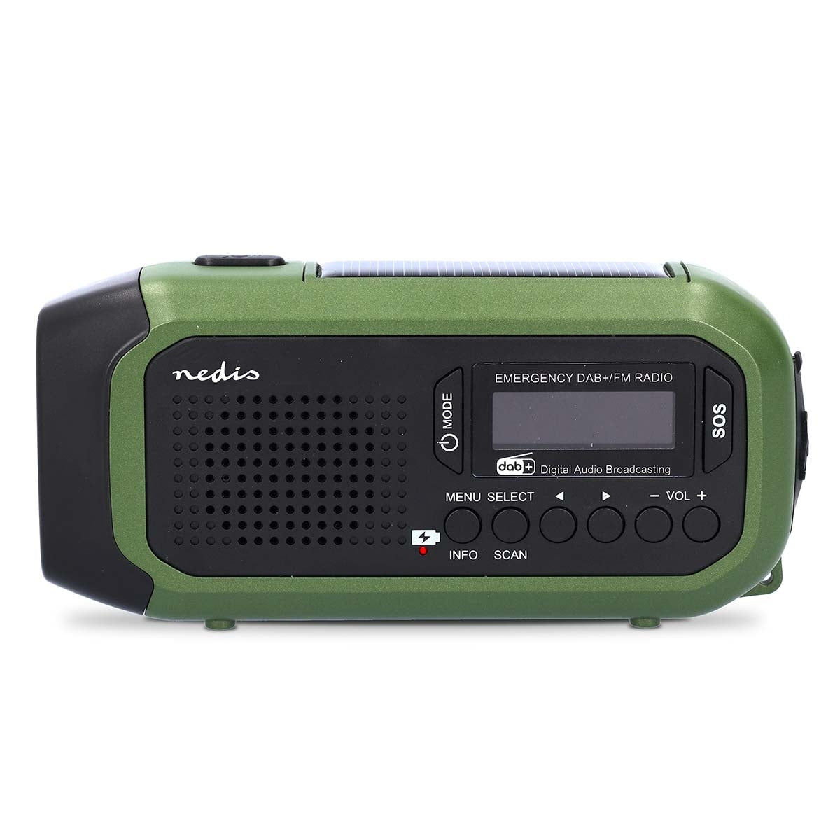 Emergency radio | Portable design | DAB+ / FM | Battery Powered / Hand Crank / Solar Powered / USB Power | Alarm clock | Green / Black