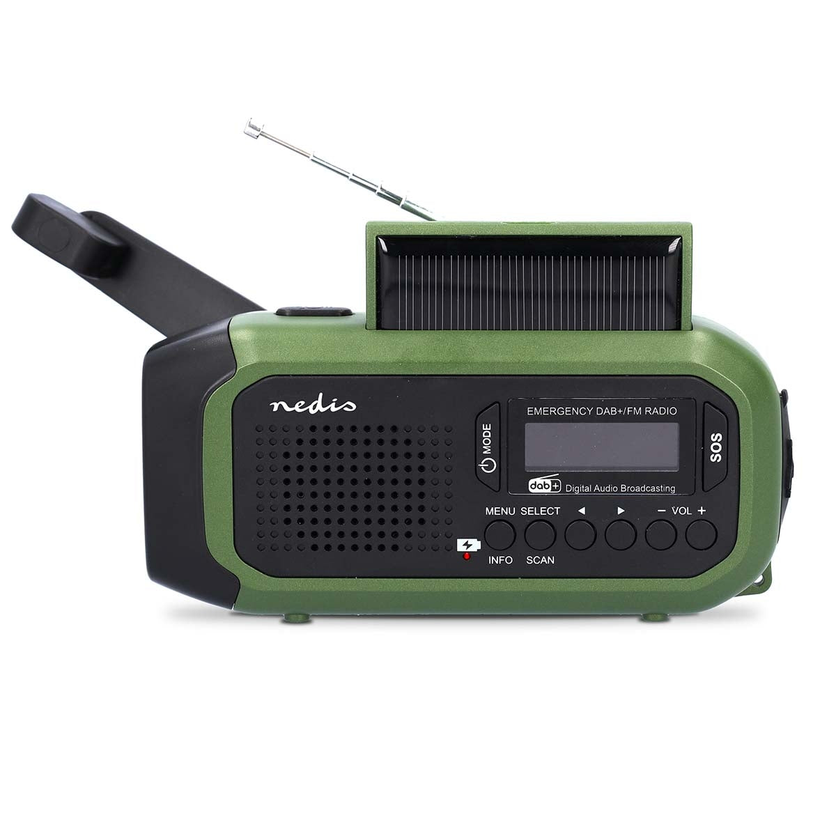 Emergency radio | Portable design | DAB+ / FM | Battery Powered / Hand Crank / Solar Powered / USB Power | Alarm clock | Green / Black