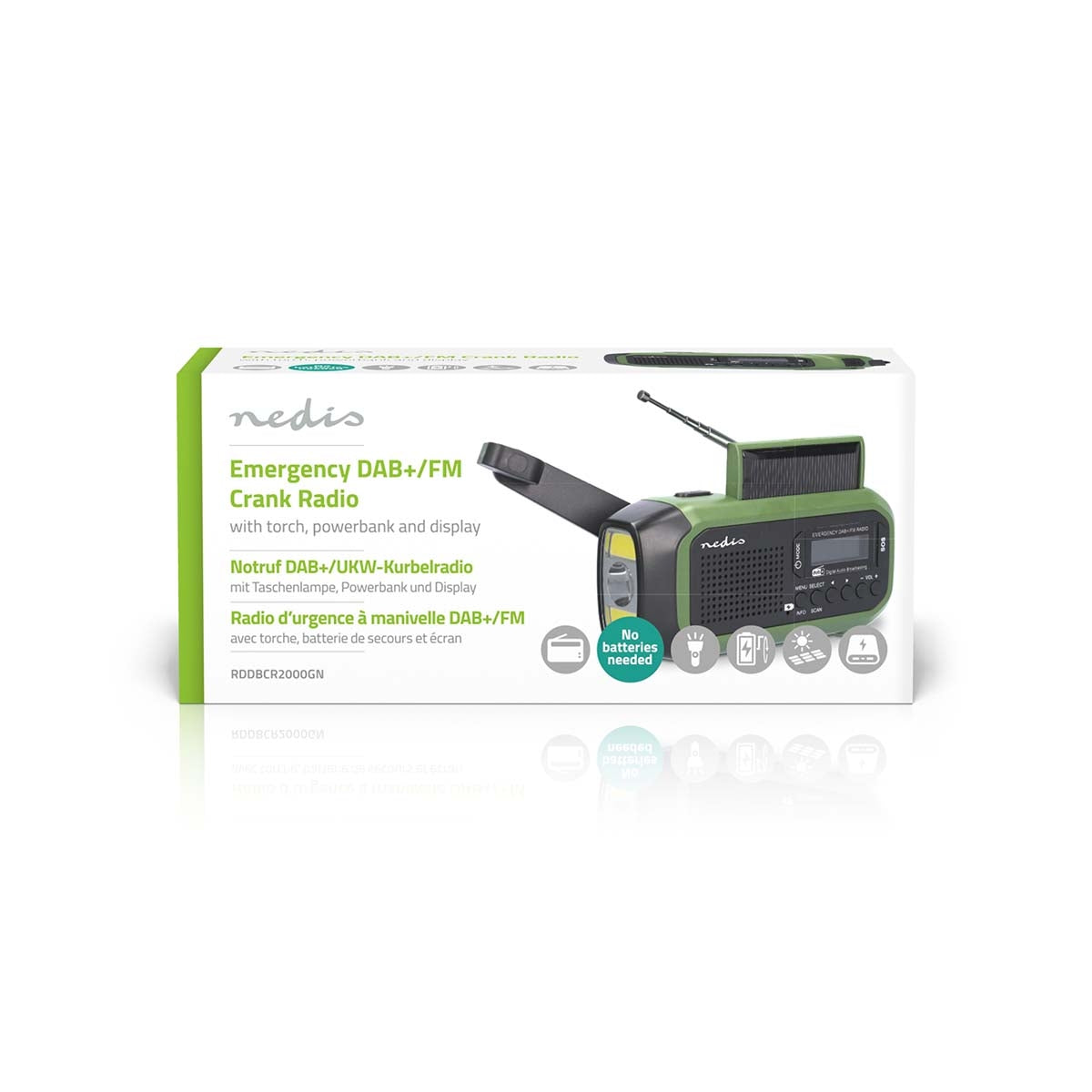 Emergency radio | Portable design | DAB+ / FM | Battery Powered / Hand Crank / Solar Powered / USB Power | Alarm clock | Green / Black