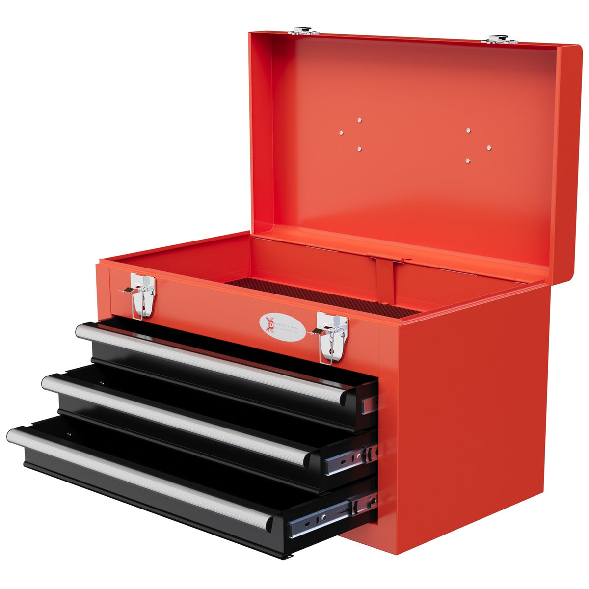 Empty tool box, 45 x 24 x 27 cm tool box with 3 drawers, top storage compartment, handle, tool box with 2 locks, steel, red