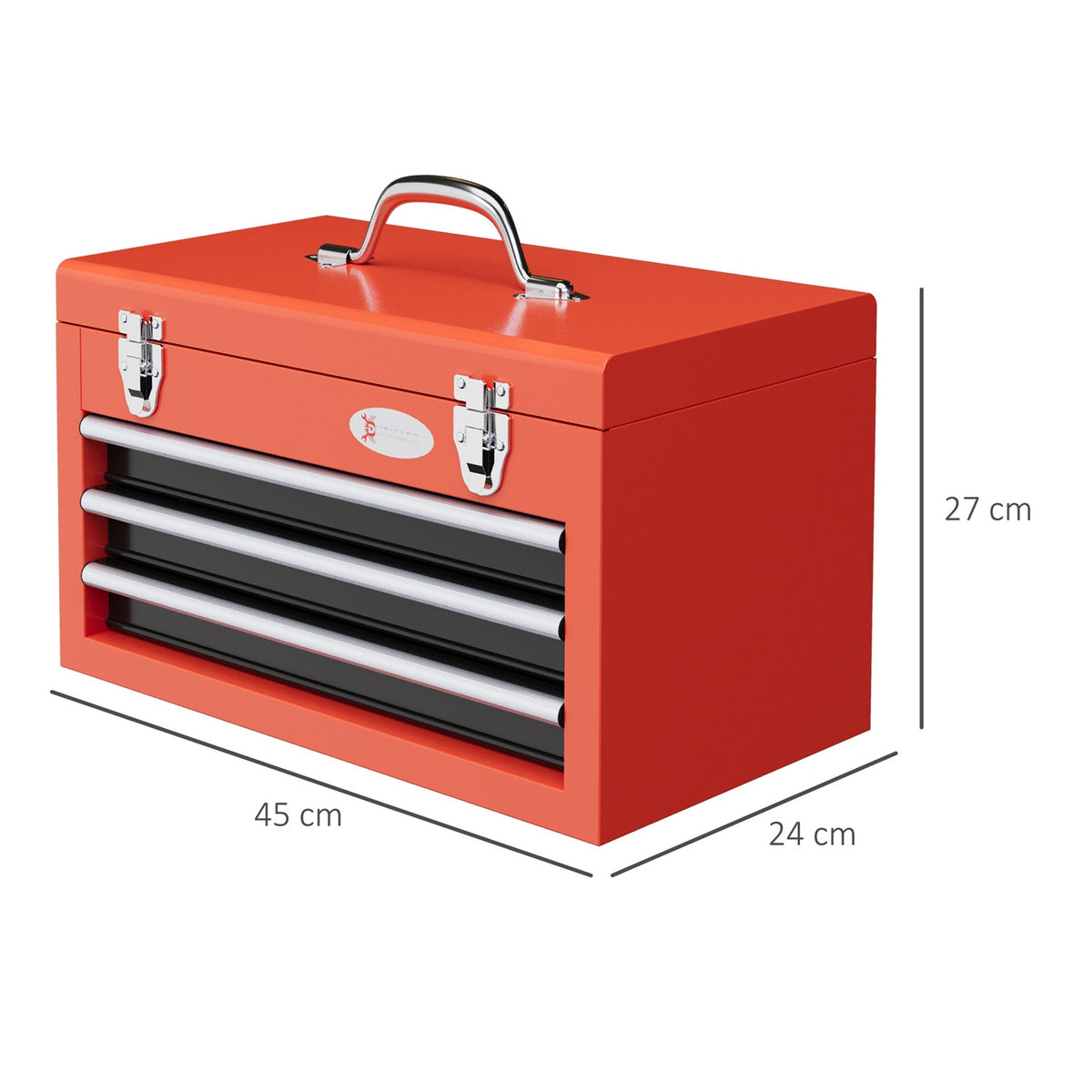 Empty tool box, 45 x 24 x 27 cm tool box with 3 drawers, top storage compartment, handle, tool box with 2 locks, steel, red