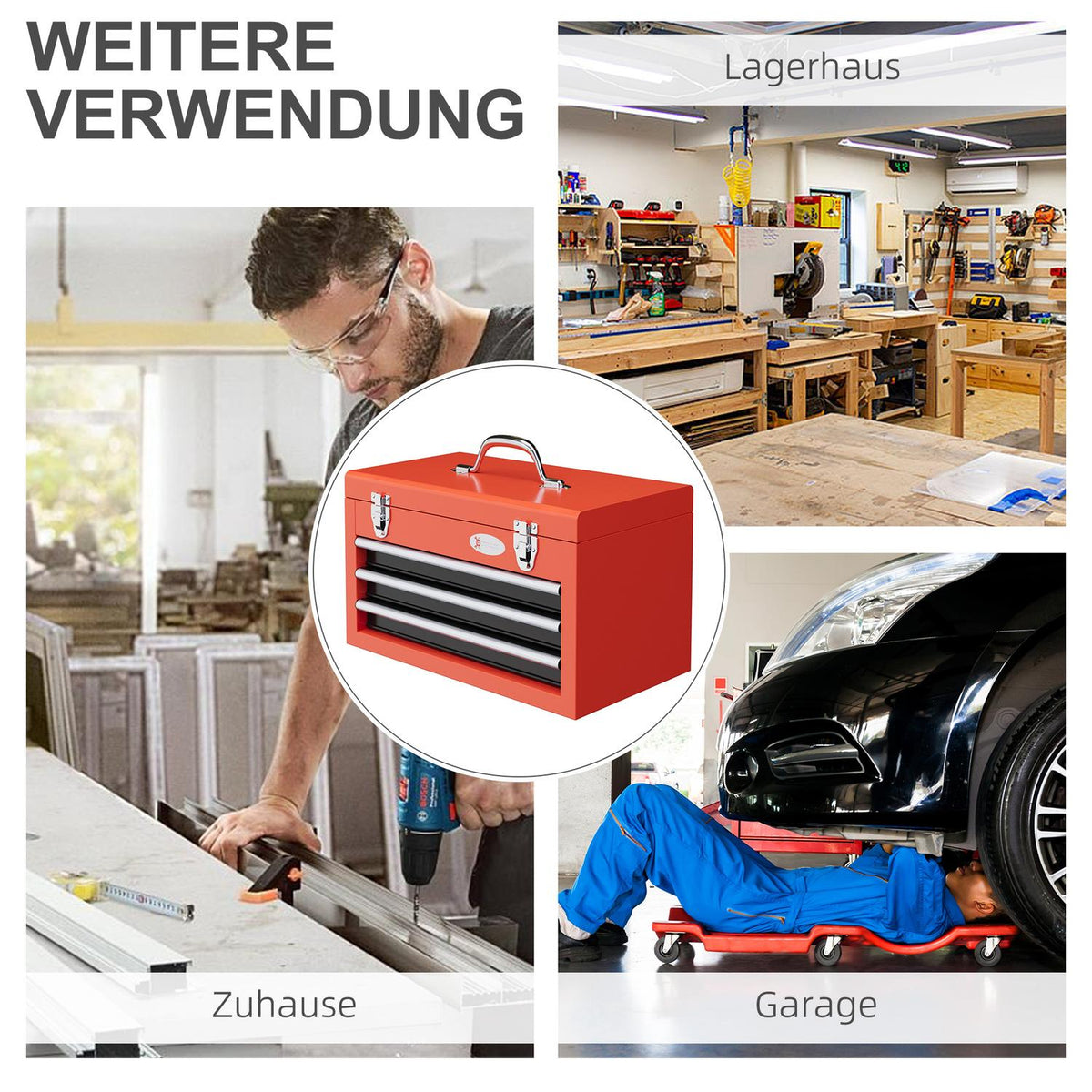 Empty tool box, 45 x 24 x 27 cm tool box with 3 drawers, top storage compartment, handle, tool box with 2 locks, steel, red