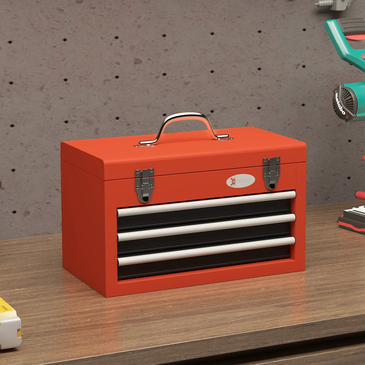 Empty tool box, 45 x 24 x 27 cm tool box with 3 drawers, top storage compartment, handle, tool box with 2 locks, steel, red