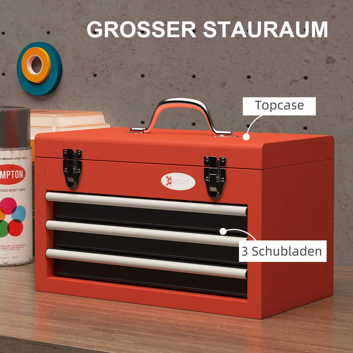 Empty tool box, 45 x 24 x 27 cm tool box with 3 drawers, top storage compartment, handle, tool box with 2 locks, steel, red