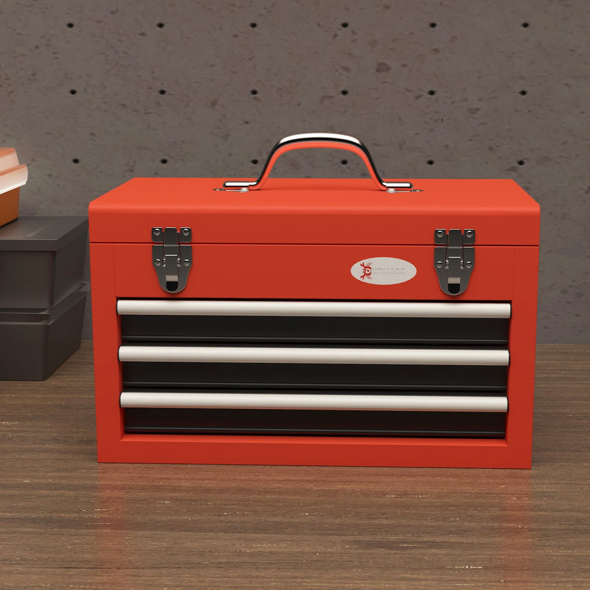 Empty tool box, 45 x 24 x 27 cm tool box with 3 drawers, top storage compartment, handle, tool box with 2 locks, steel, red