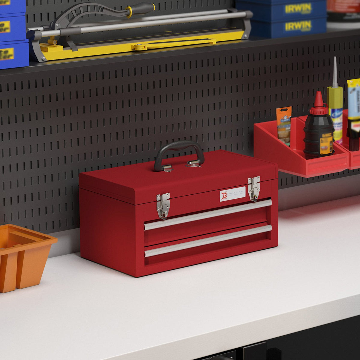 Empty tool box, 46x24x22cm, tool box with 2 drawers, 2 locks, top storage compartment, handle, tool box, steel, red
