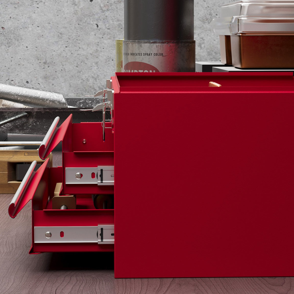 Empty tool box, 46x24x22cm, tool box with 2 drawers, 2 locks, top storage compartment, handle, tool box, steel, red