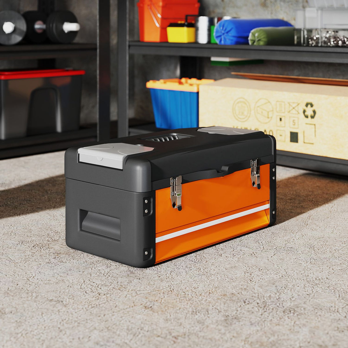 Empty tool box, 49.7 x 25.3 x 23 cm tool box with drawer, mini box steel orange