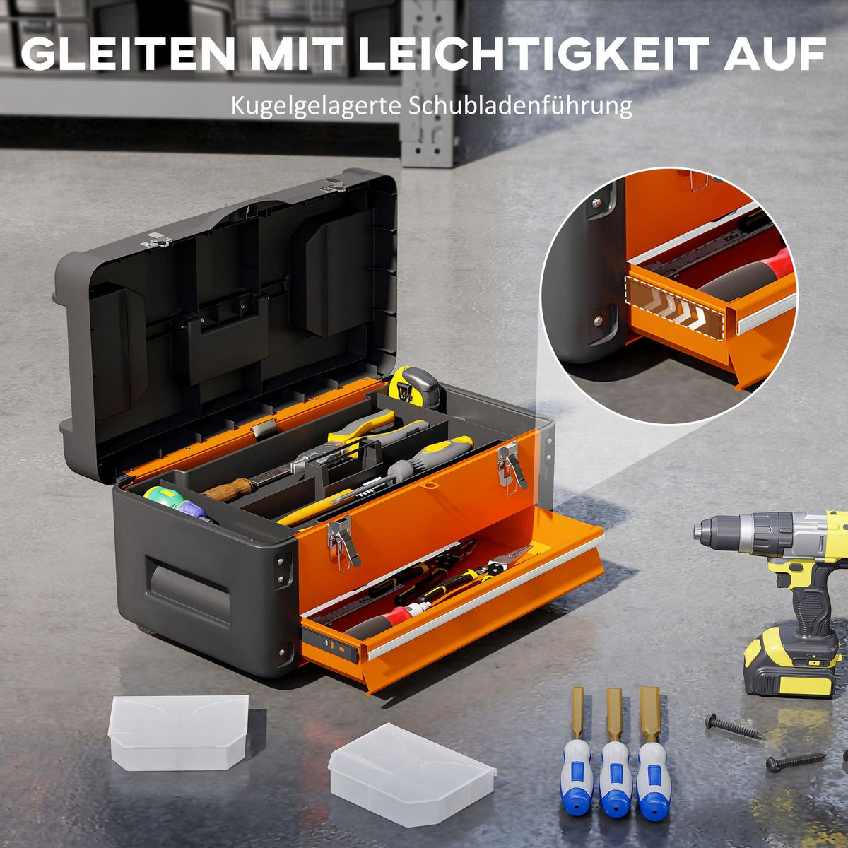 Empty tool box, 49.7 x 25.3 x 23 cm tool box with drawer, mini box steel orange