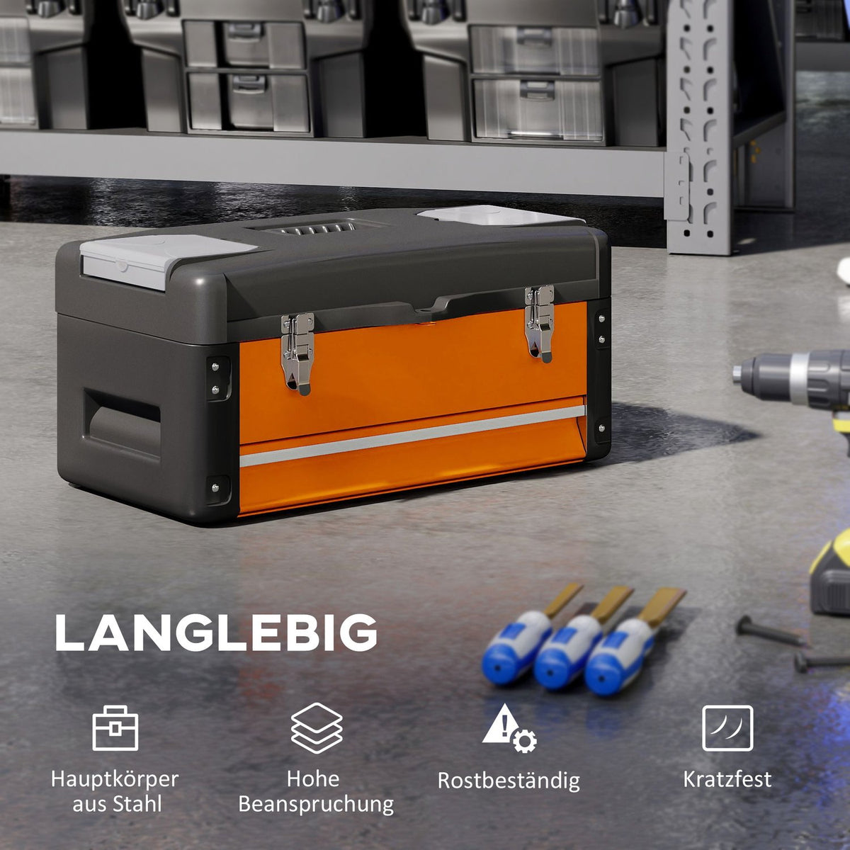 Empty tool box, 49.7 x 25.3 x 23 cm tool box with drawer, mini box steel orange