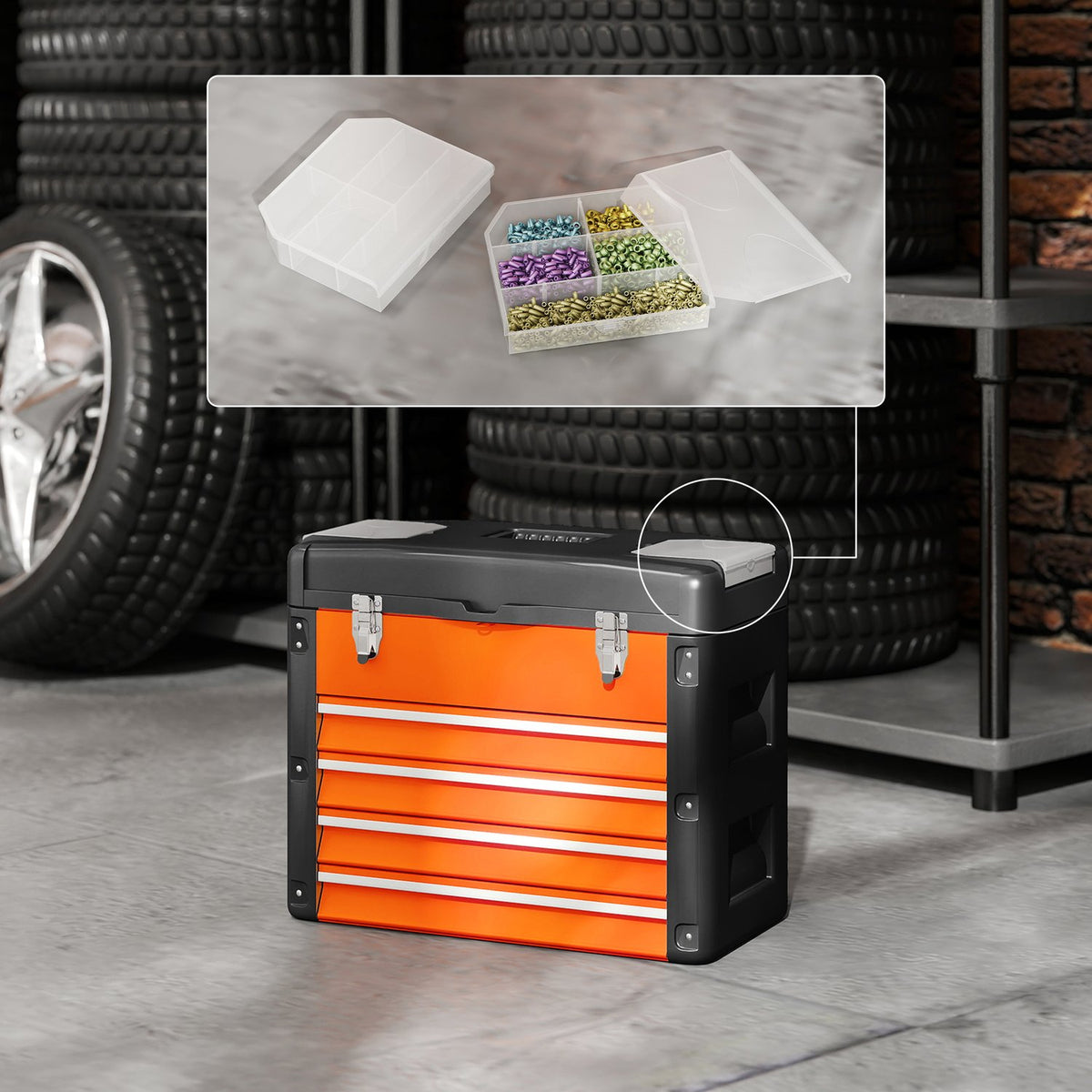 Empty tool box, 49.7 x 25.3 x 40.7 cm tool box with 4 drawers, mini box steel orange