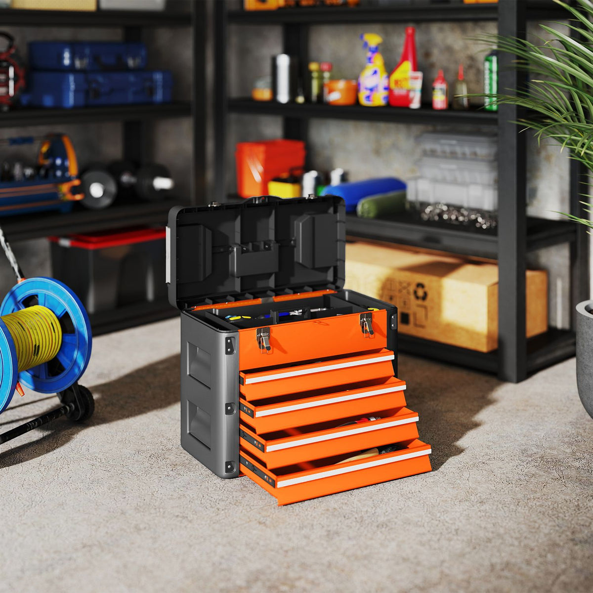 Empty tool box, 49.7 x 25.3 x 40.7 cm tool box with 4 drawers, mini box steel orange