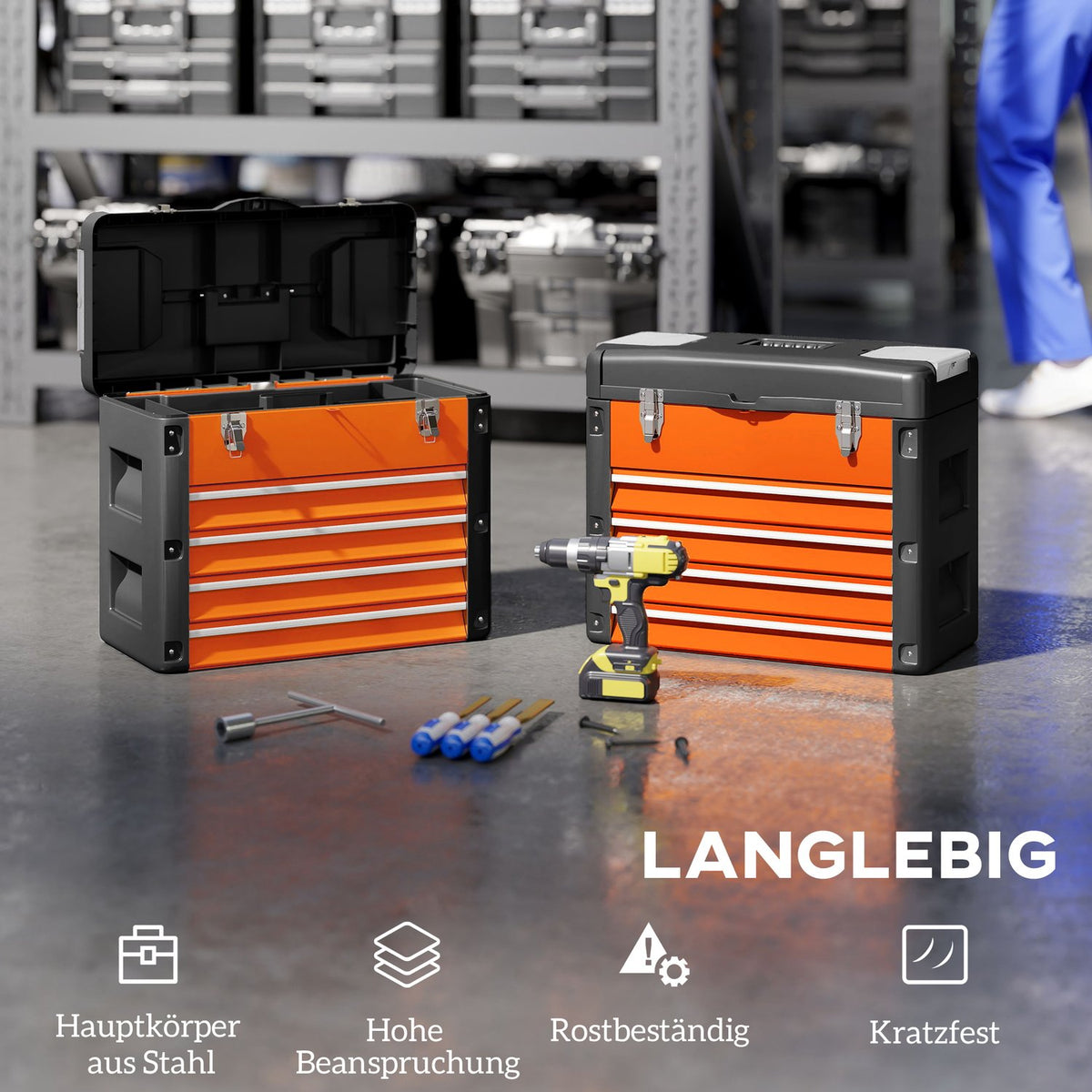 Empty tool box, 49.7 x 25.3 x 40.7 cm tool box with 4 drawers, mini box steel orange