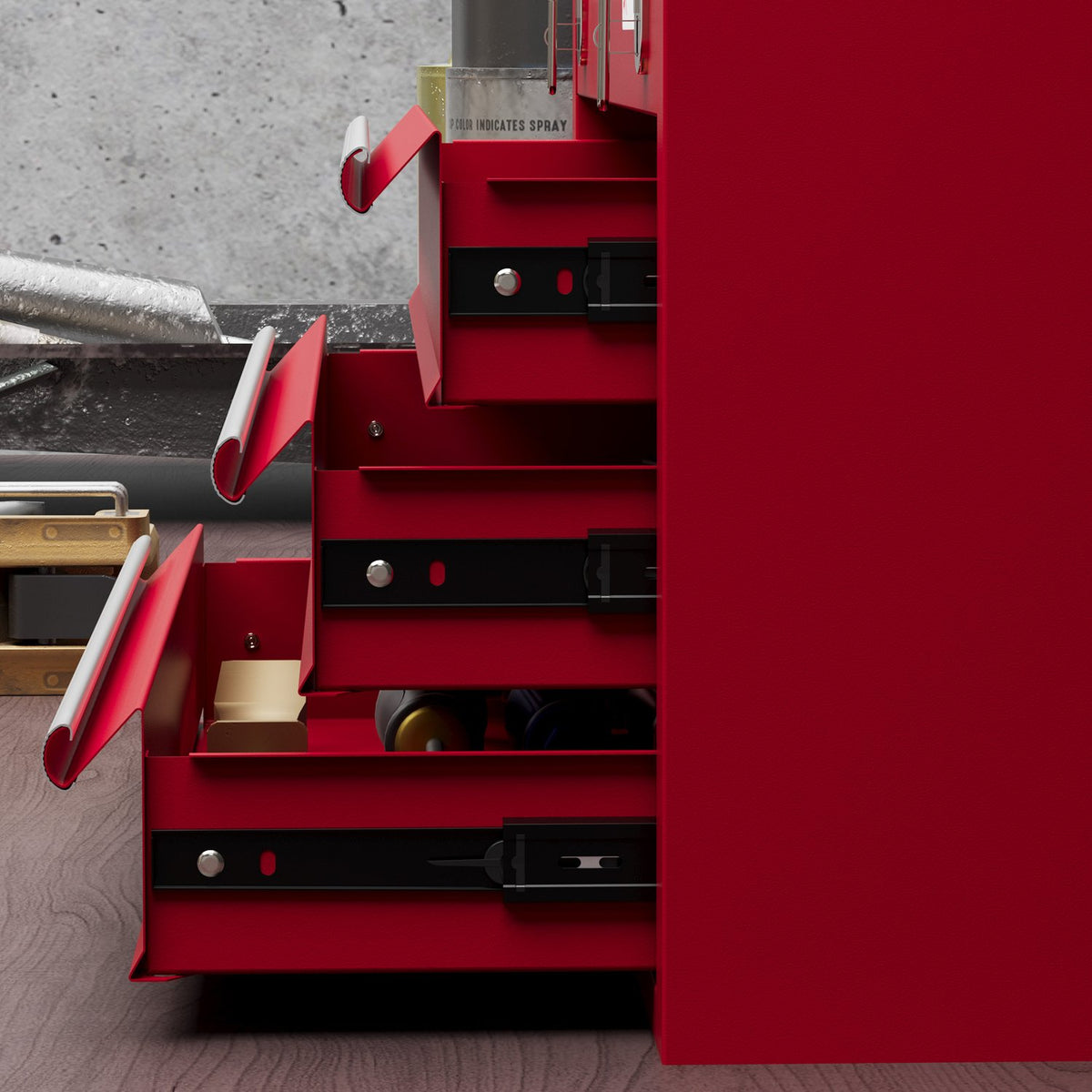 Empty tool box, 51x22x32cm tool box with 3 drawers, top storage compartment, handle, tool box with lock, steel, red
