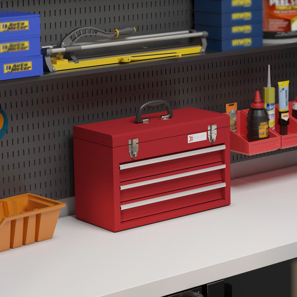Empty tool box, 51x22x32cm tool box with 3 drawers, top storage compartment, handle, tool box with lock, steel, red