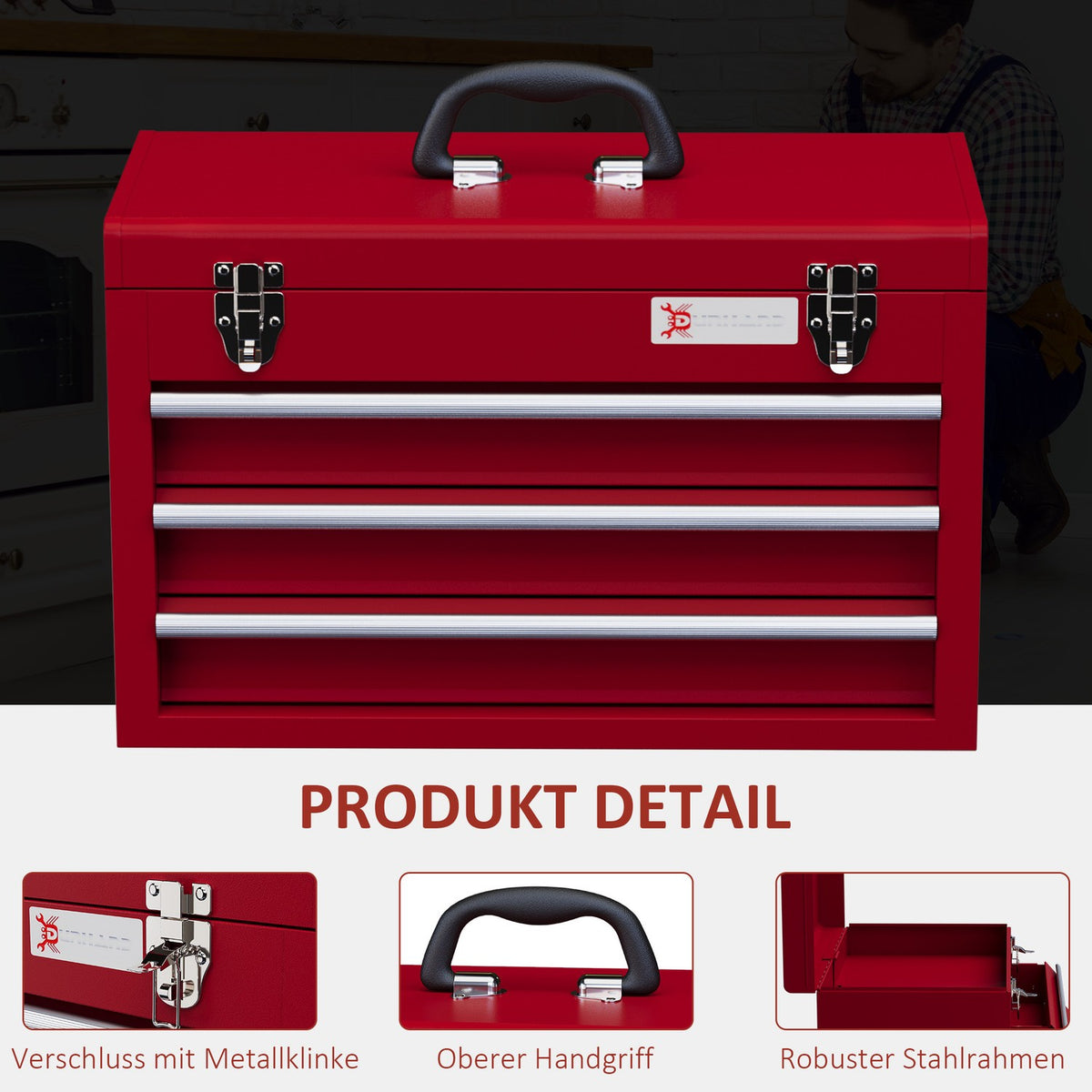 Empty tool box, 51x22x32cm tool box with 3 drawers, top storage compartment, handle, tool box with lock, steel, red