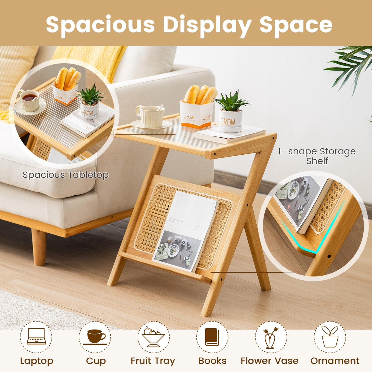 End Table With Magazine Rack, Tempered Glass Top, Bamboo