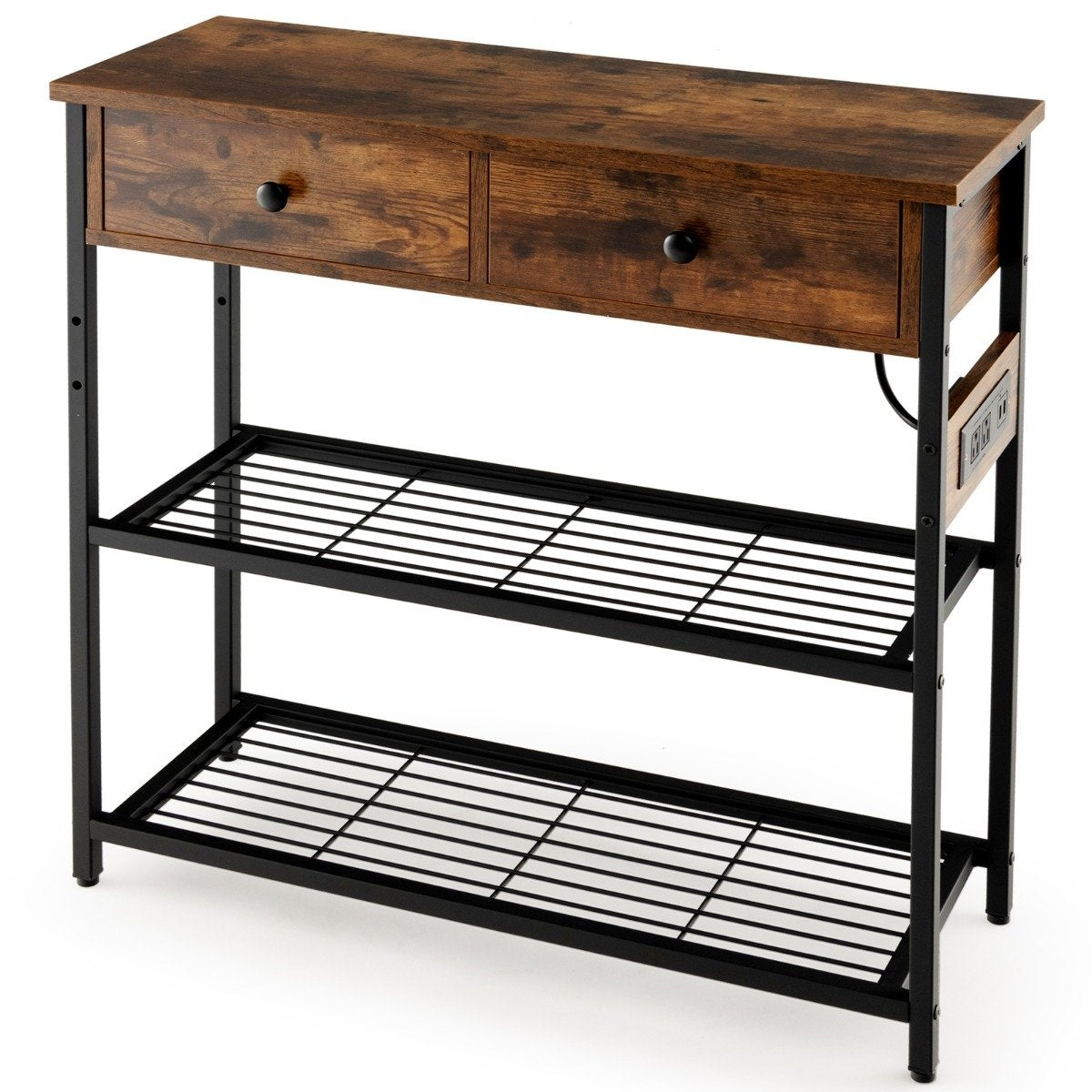 Entryway Table Charging Station with 2 Drawers & 2 Metal Mesh Shelves Rustic Brown