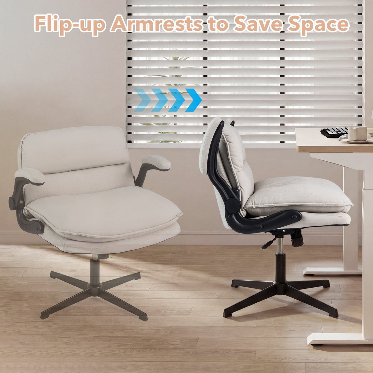 Ergonomic Beige Office Chair with Flip-Up Arms & Swivel