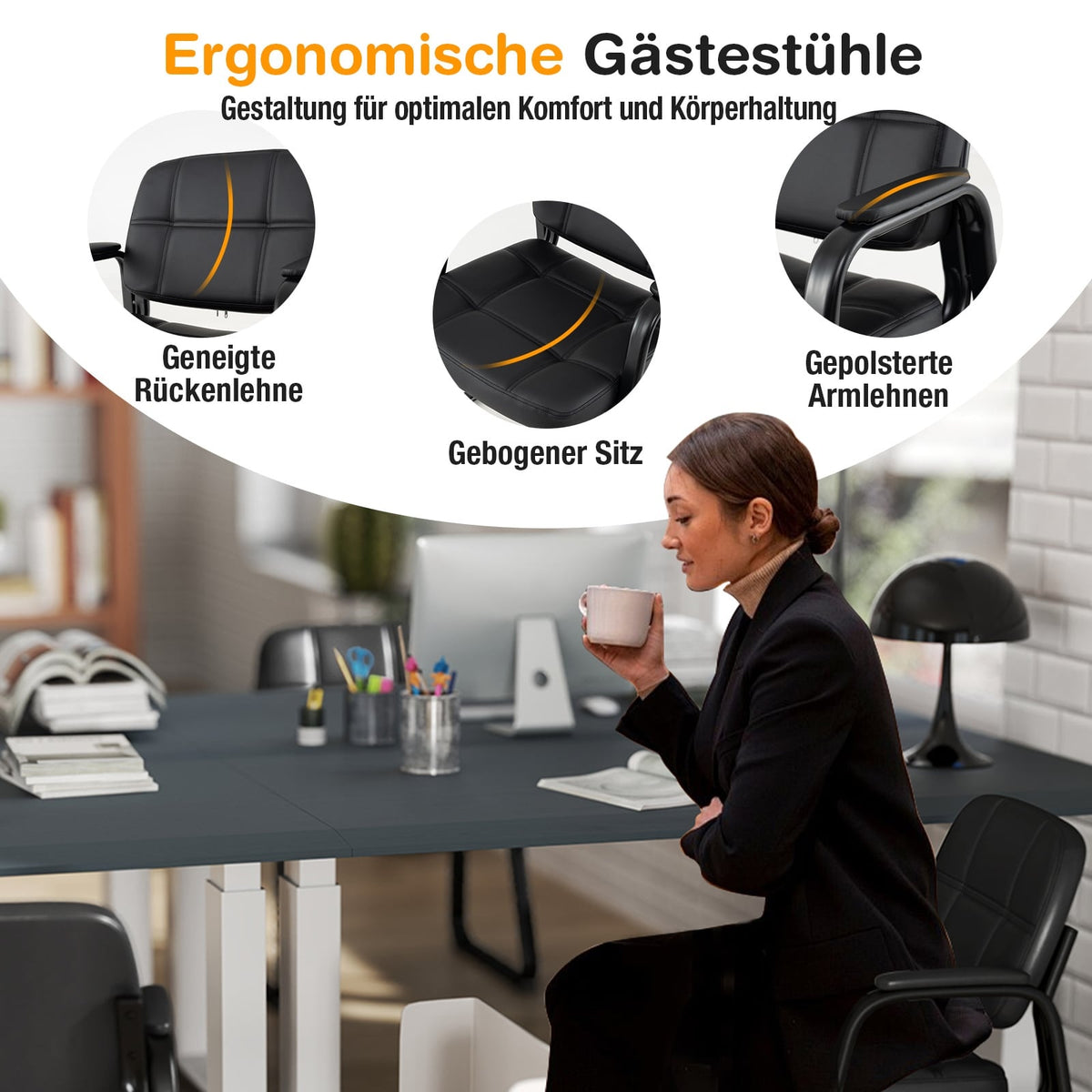 Ergonomic Guest Chair Set with Metal Frame, Black