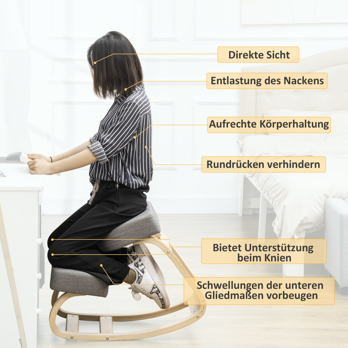 Ergonomic Kneeling Chair, Birch Wood, 120kg Capacity, Gray