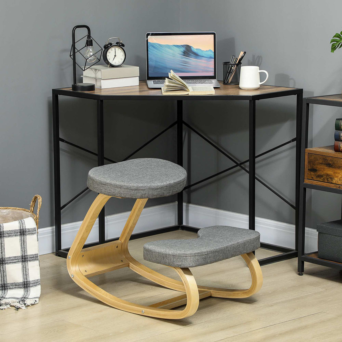 Ergonomic Kneeling Chair, Birch Wood Base, Grey Fabric
