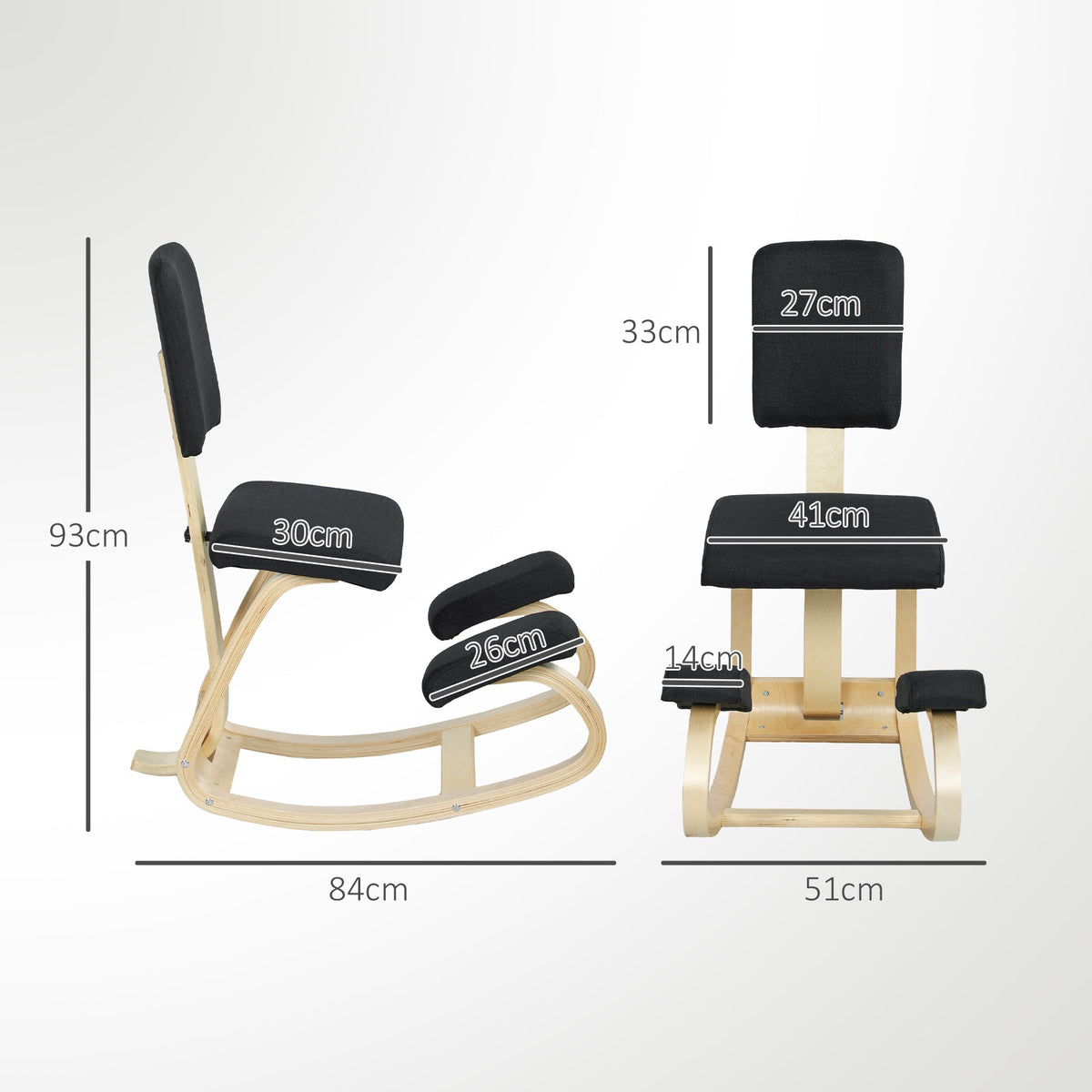 Ergonomic Kneeling Chair, Birch Wood, Black, Home & Office Use