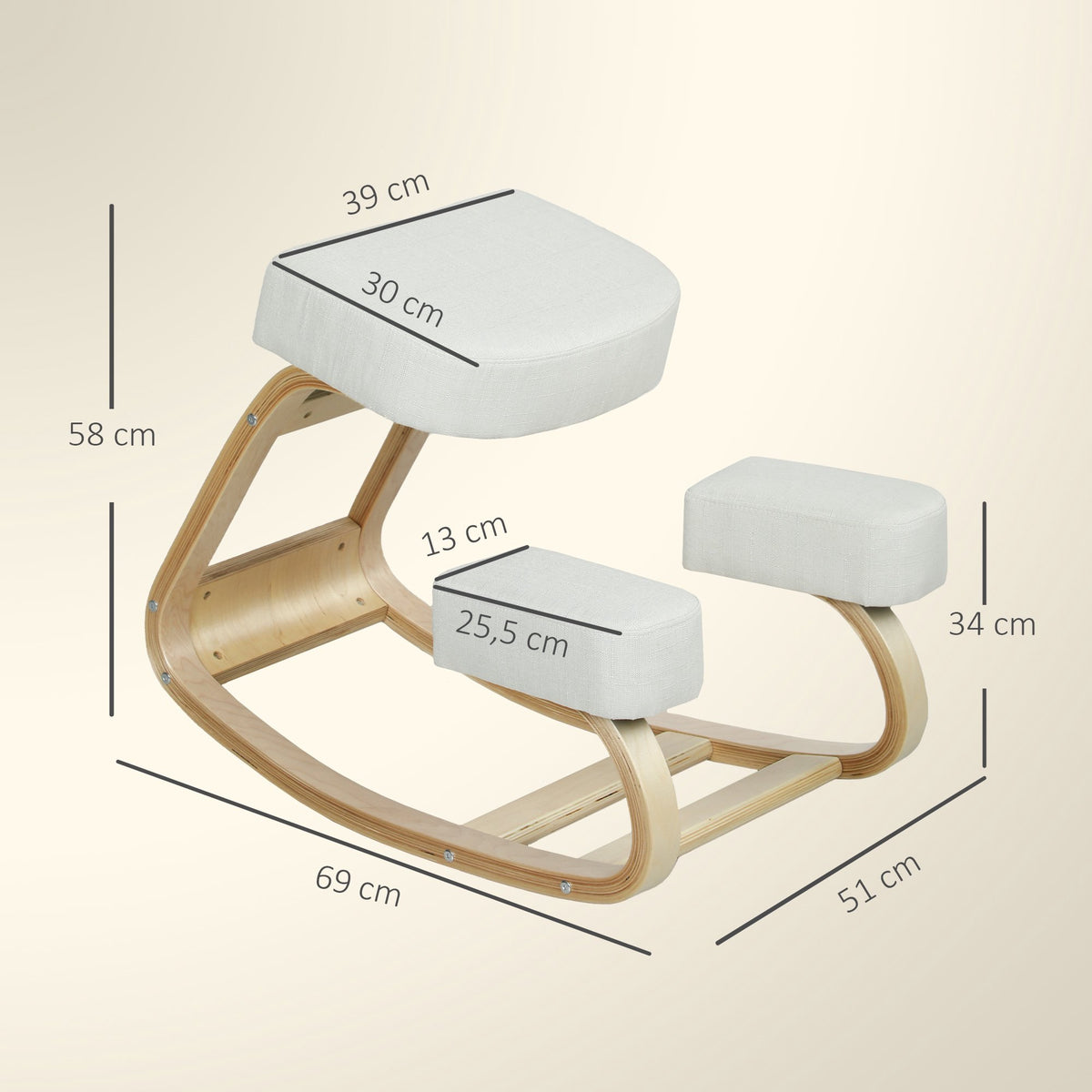 Ergonomic Kneeling Chair, Birch Wood, Cream White, 120kg Capacity