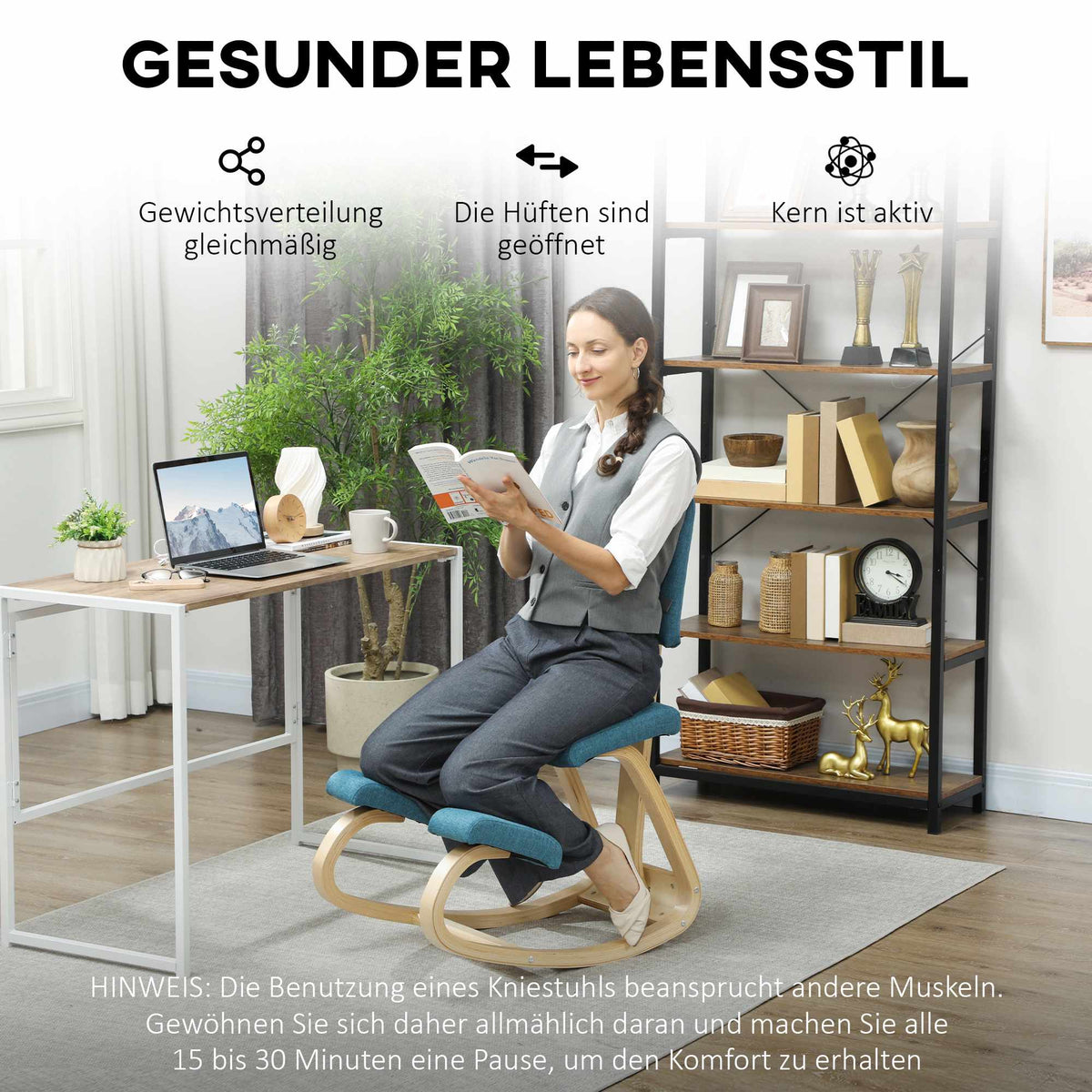 Ergonomic Kneeling Chair, Dark Blue, Birch Wood Frame