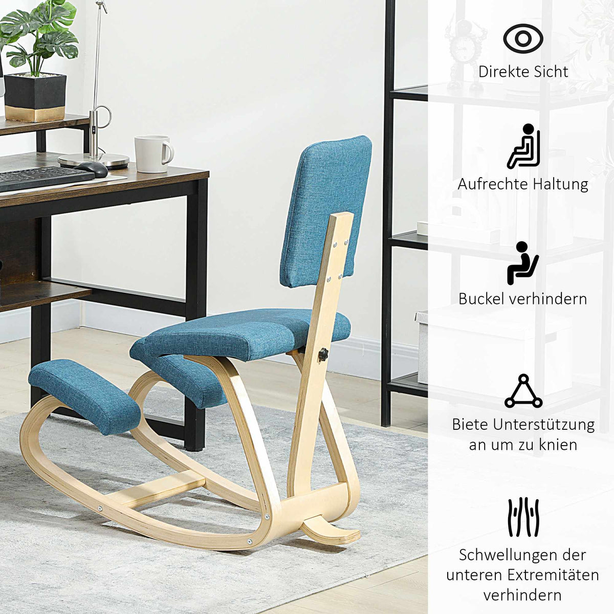 Ergonomic Kneeling Chair, Dark Blue, Birch Wood Frame