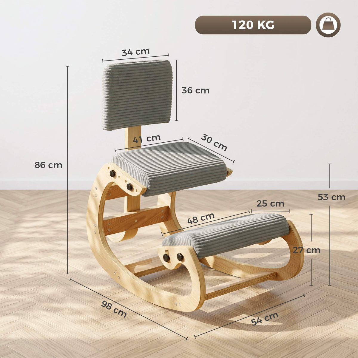 Ergonomic Kneeling Chair with Backrest, Dark Grey Cord Fabric