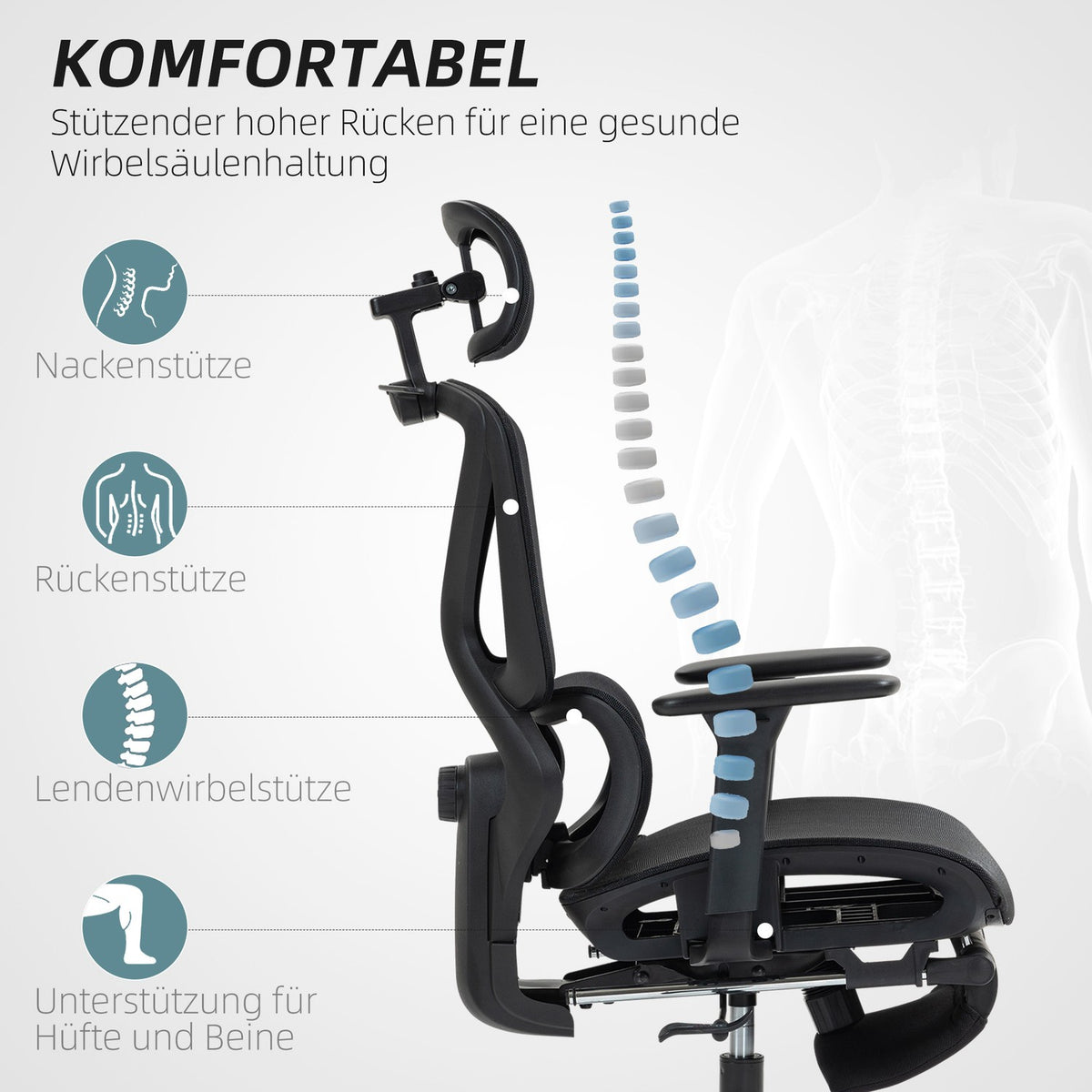 Ergonomic Office Chair, Adjustable, 135° Recline, Black