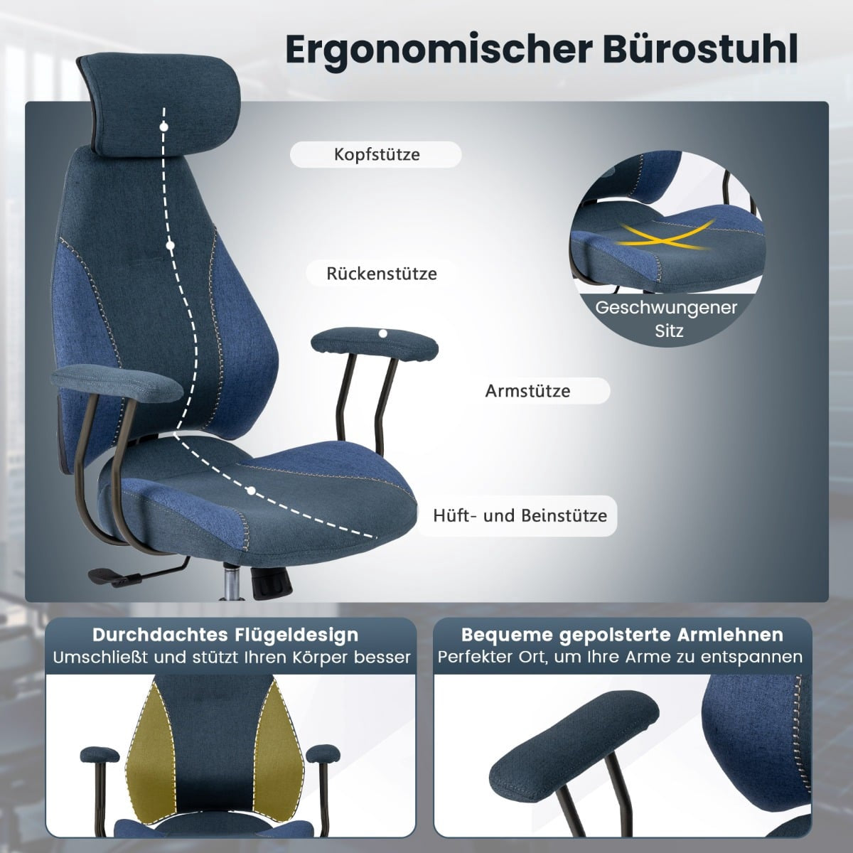 Ergonomic Office Chair, Adjustable Headrest, Blue Linen