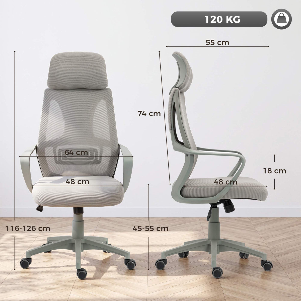 Ergonomic Office Chair, Adjustable Height with Headrest, Grey