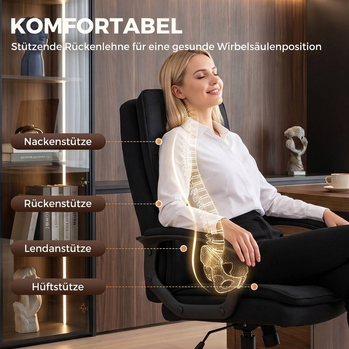 Ergonomic Office Chair, Black Fabric, Adjustable Height, Padded