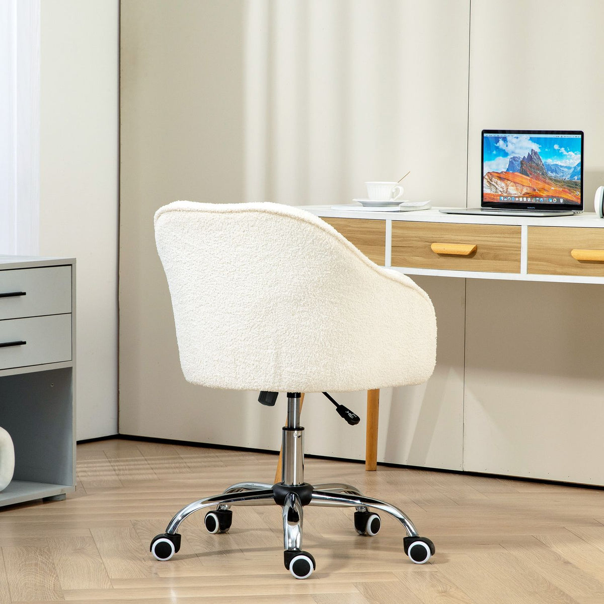 Ergonomic Office Chair, Cream White Teddy Fleece, Adjustable Height