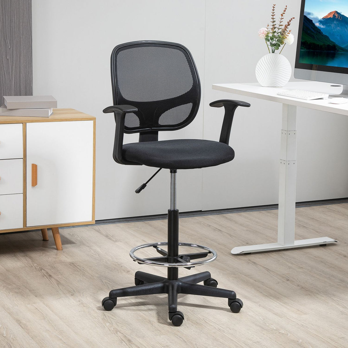 Ergonomic Office Chair, Desk Chair, Swivel Chair, Drawing Chair, Adjustable Foot Ring, Up To 120 Kg, Black, 60X56X110-132 Cm