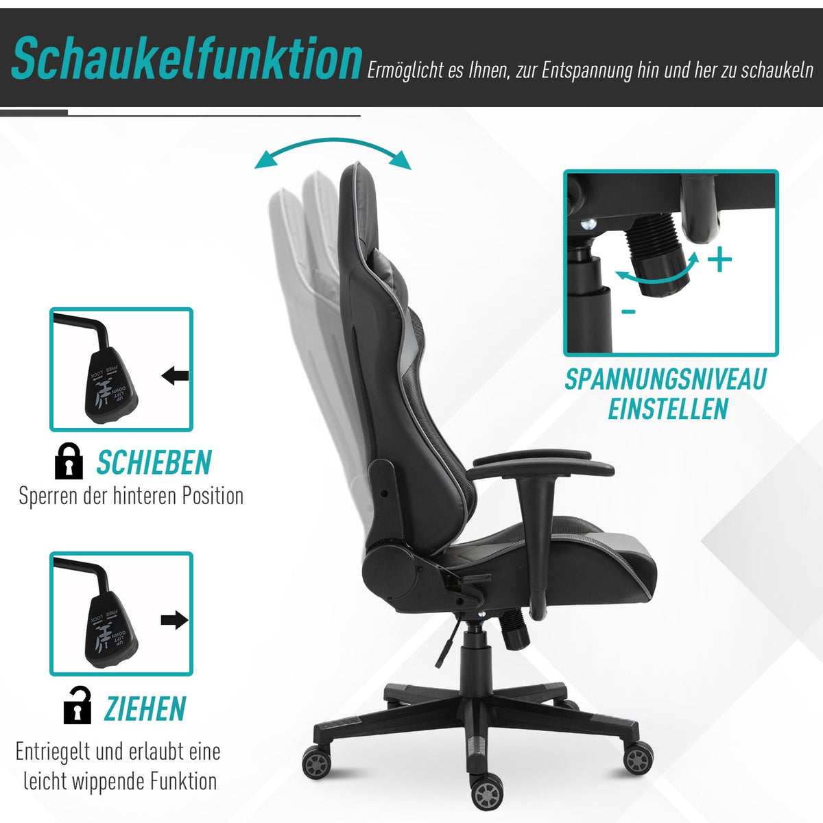 Ergonomic Office Chair Gaming Chair, Swivel Chair Made Of Faux Leather And Foam, Black, 67.5X74X126-136Cm