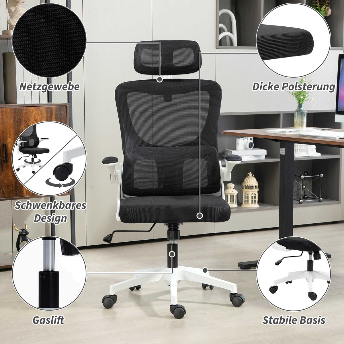 Ergonomic Office Chair with Adjustable Headrest, Black Mesh