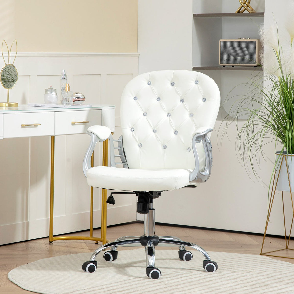 Ergonomic Office Chair with Armrests, White Leather-Look