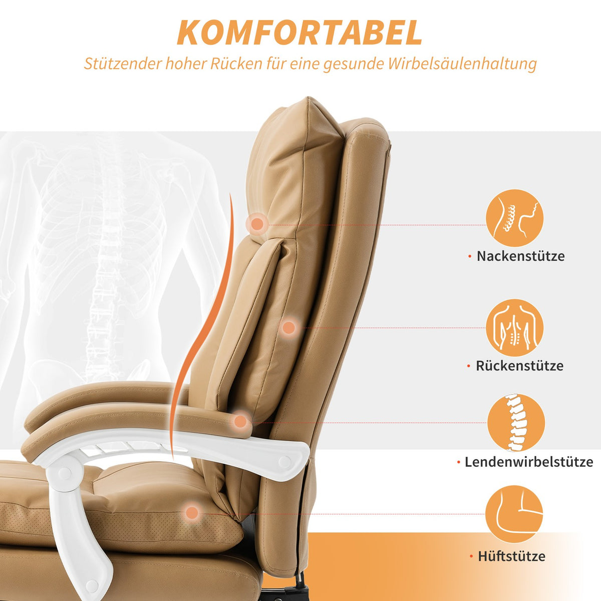 Ergonomic Office Chair with Lumbar Support, Reclining, Light Brown