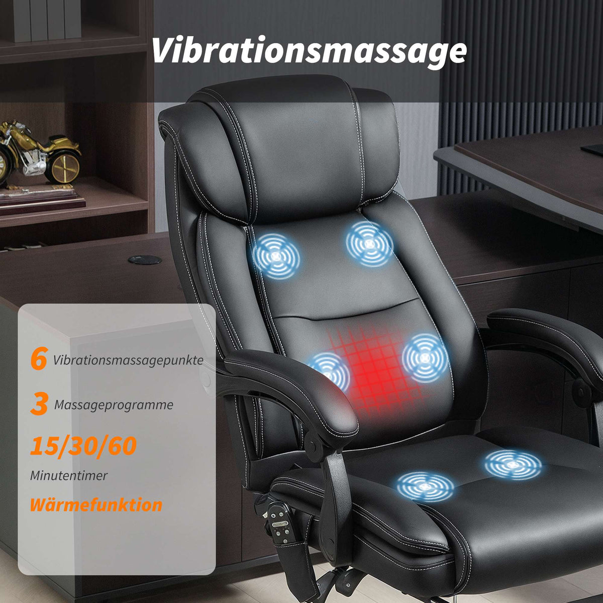 Ergonomic Office Chair with Massage, Footrest, Black Leather