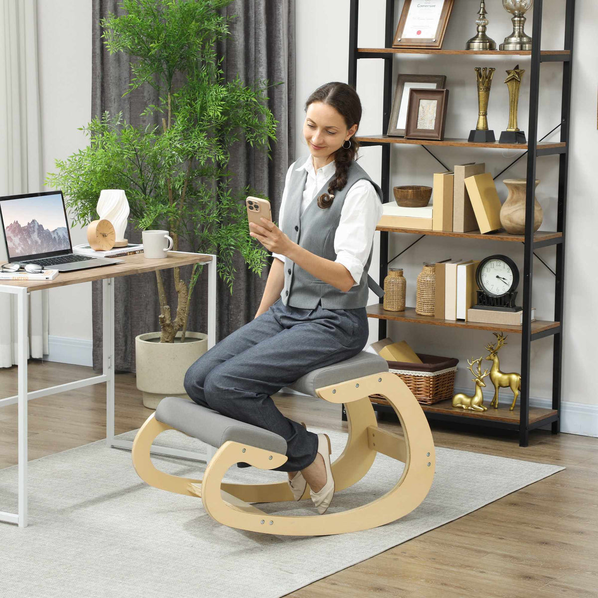 Ergonomic Rocking Kneeling Chair, Light Grey, Birch Wood