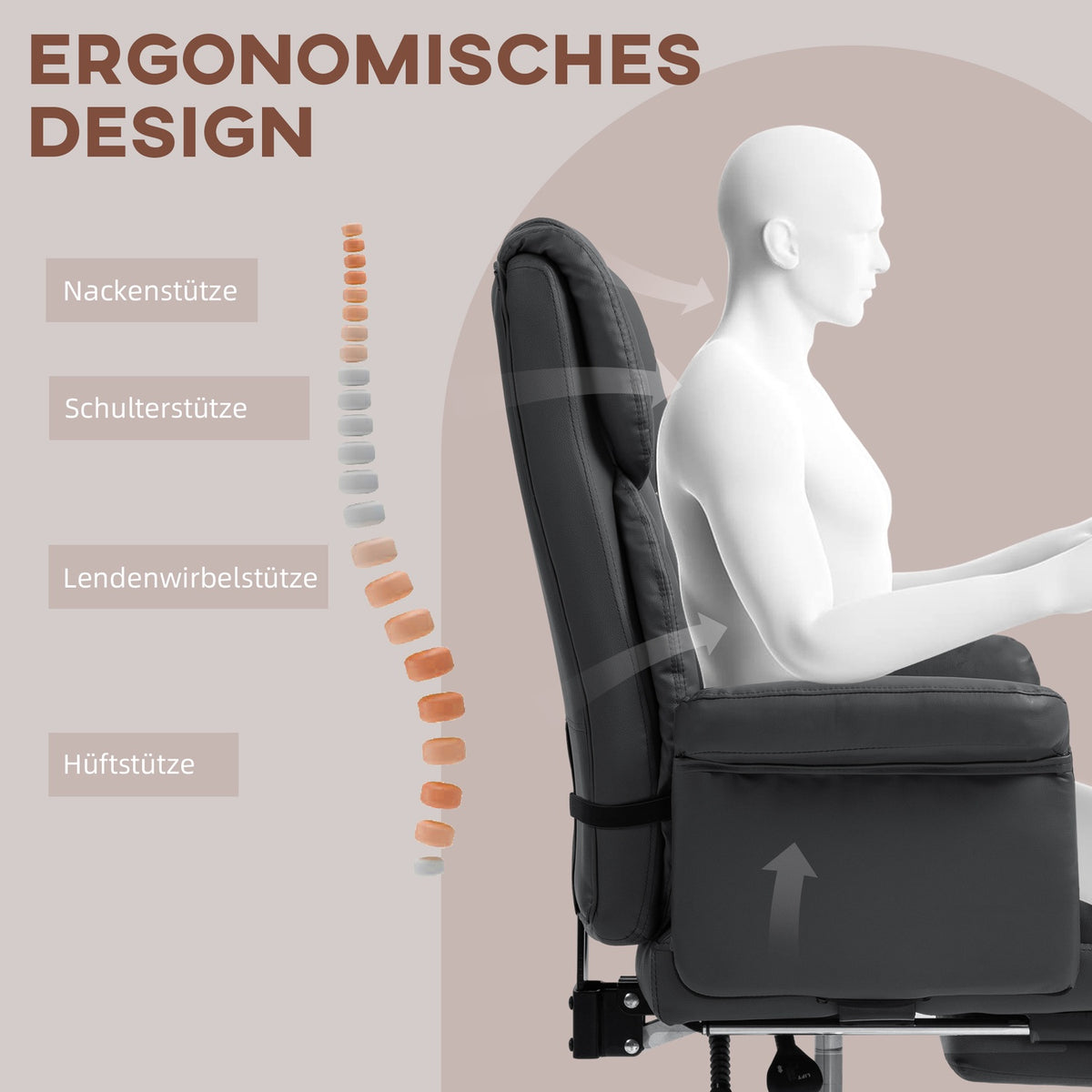 Ergonomic office chair, height adjustable 48-56 cm, reclining backrest, footrest, black