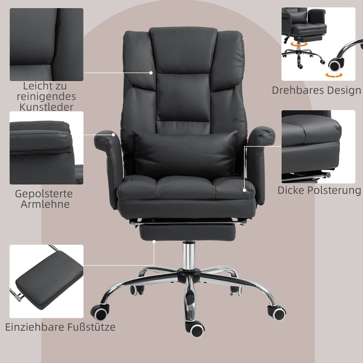 Ergonomic office chair, height adjustable 48-56 cm, reclining backrest, footrest, black