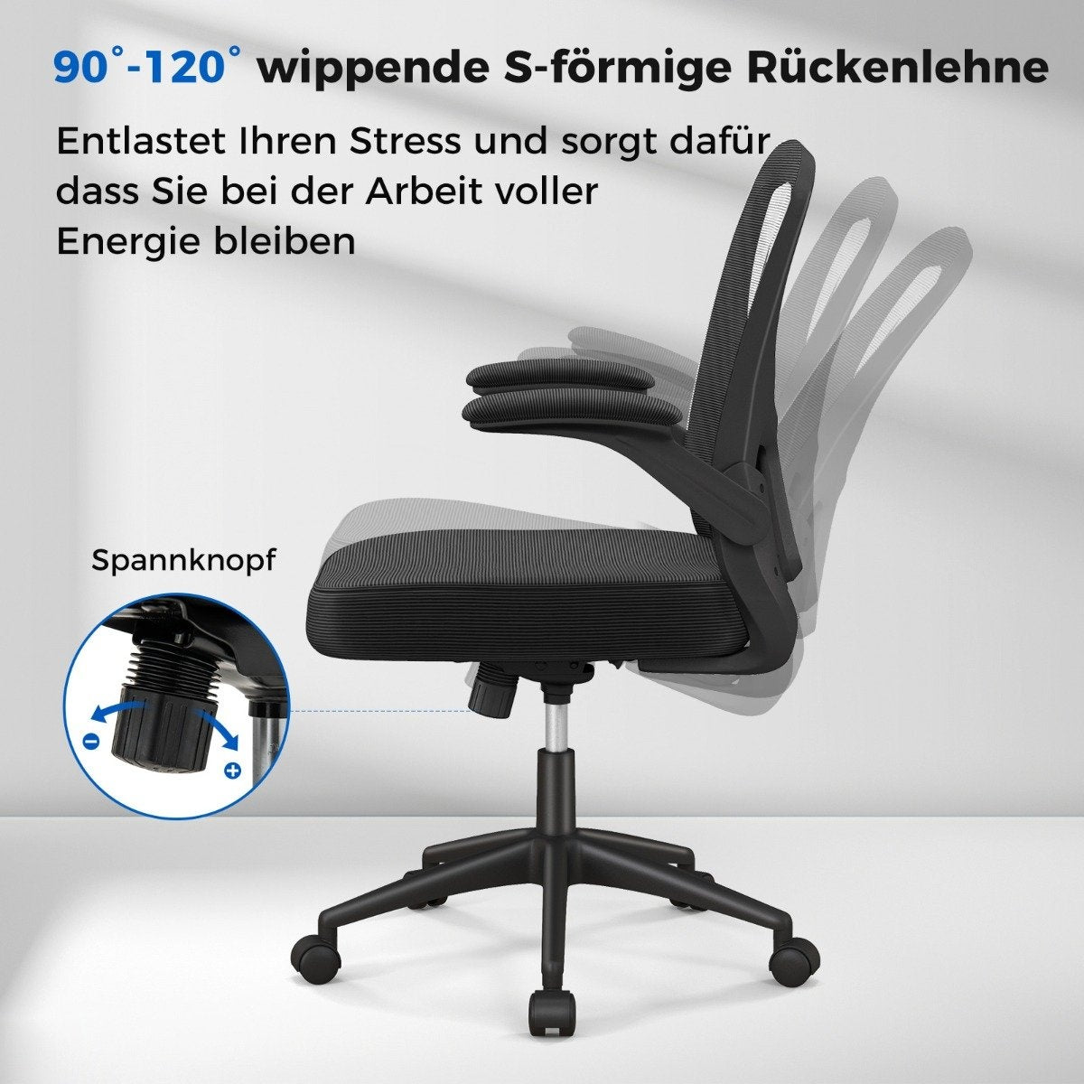 Ergonomic office chair with fold-up armrests & adjustable lumbar support & rocker function