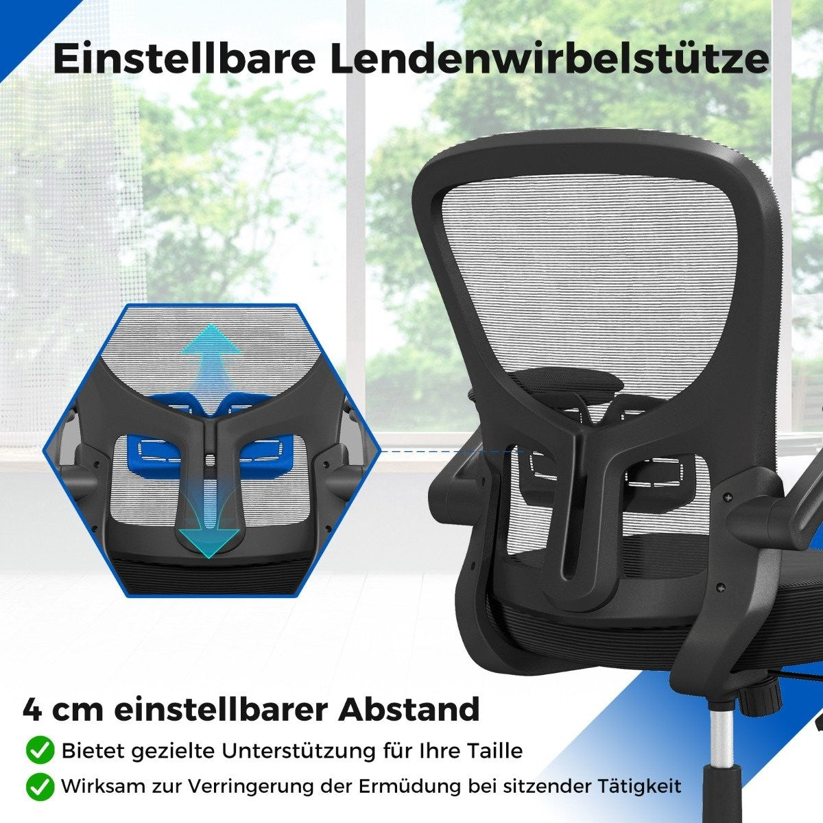 Ergonomic office chair with fold-up armrests & adjustable lumbar support & rocker function