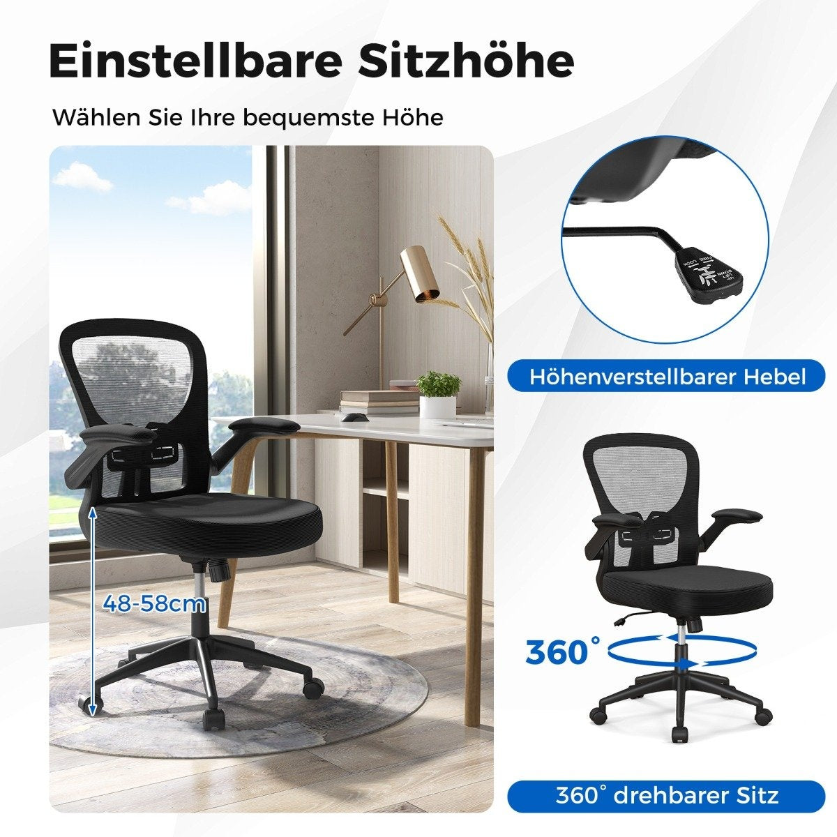 Ergonomic office chair with fold-up armrests & adjustable lumbar support & rocker function